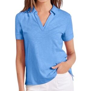 Talbots XL Roll Cuff Johnny Collar Short Sleeve Collared Polo Womens Blue V Neck